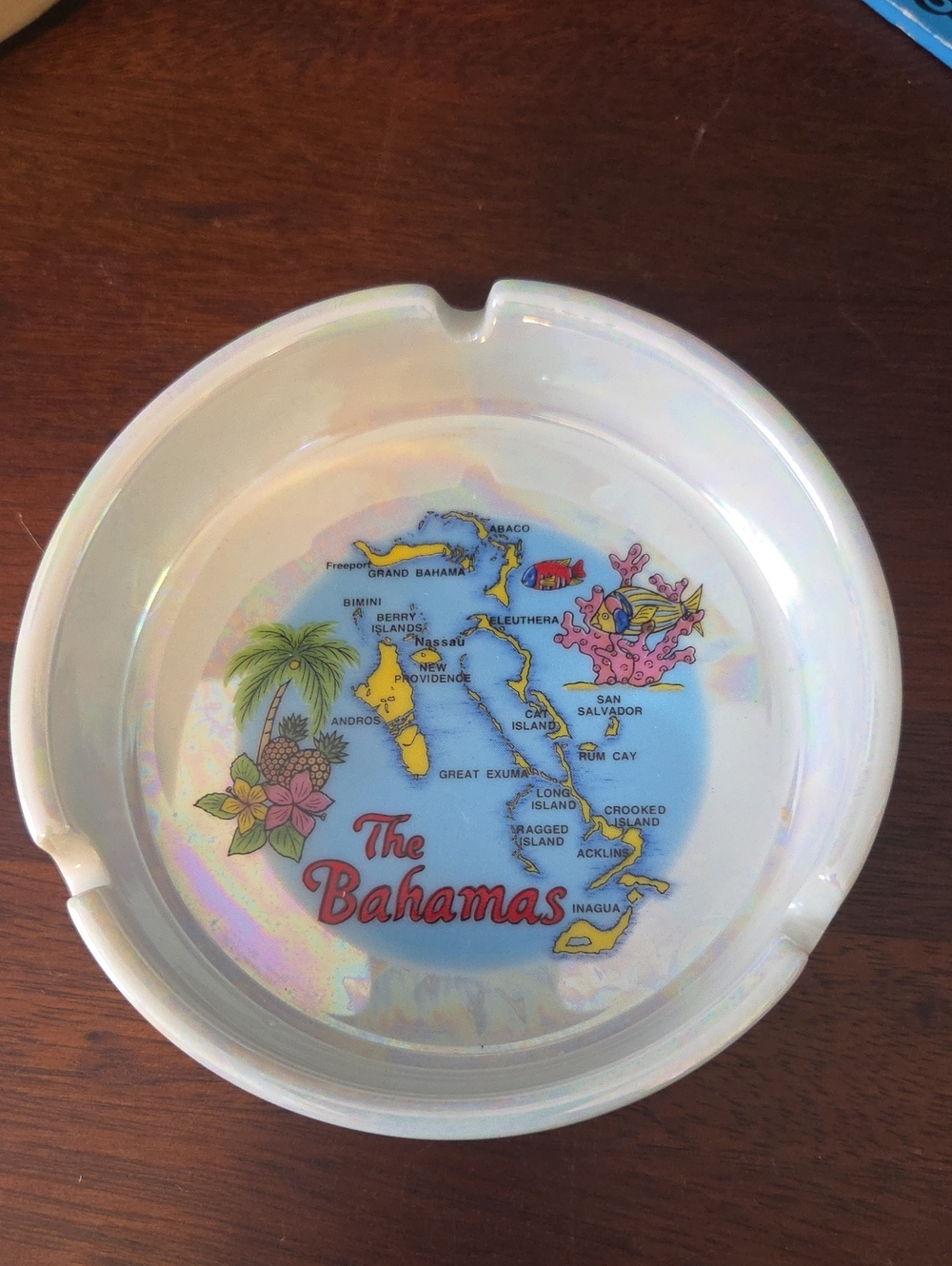 Vintage Bahamas Iridescent Ceramic Ashtray - White